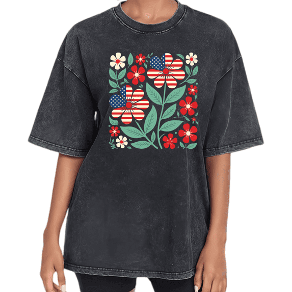 UNISHE Women's American Flag Flower Vintage Washed T-Shirt Print Tshirt Graphic Tees Shirts Short Sleeve Crewneck Loose Fit Casual 4th of July Holiday Tops