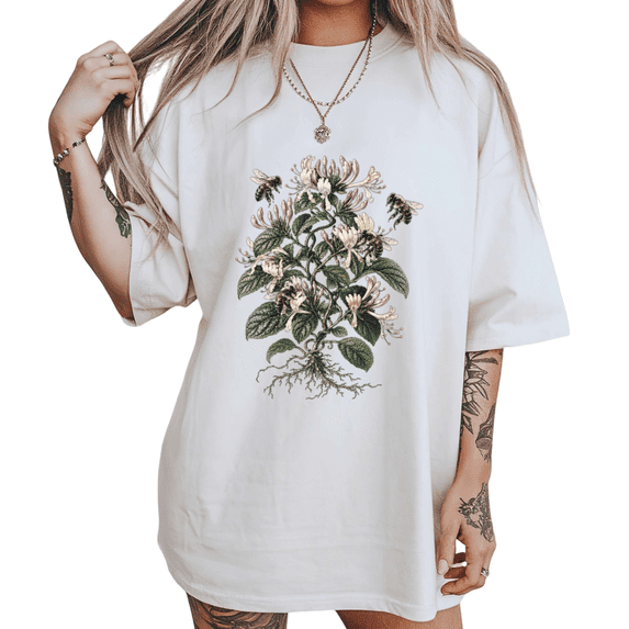 UNISHE Women's Antique Floral Engraving Tee Honeysuckle Bee Print Classic Crewneck Short Sleeve Shirt