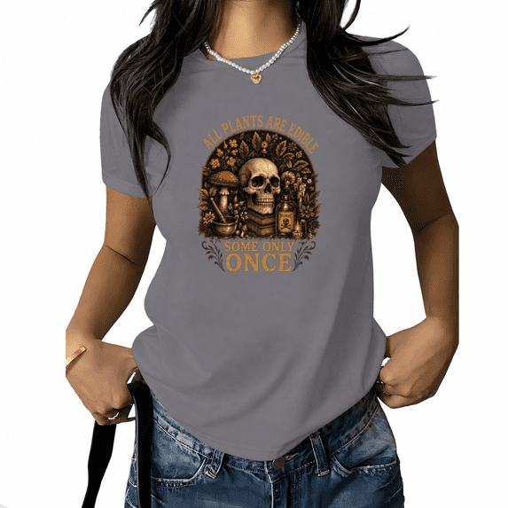 UNISHE Women's Apothecary Botanical Graphic T-Shirt Alchemist Skull Tee Dark Fantasy Style Summer White Top
