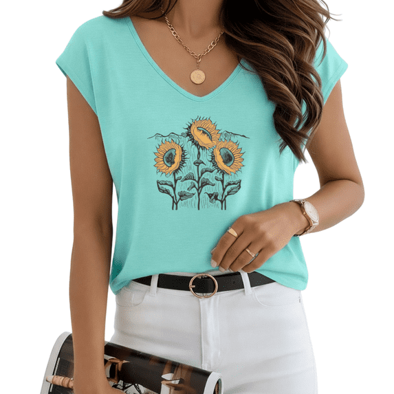 UNISHE Women's Artistic Sunflower Blue V-Neck Sleeveless T-Shirt S-5XL Leisure Tank Top