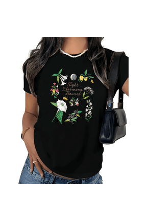 Women's Astrology Floral T-Shirt Night Blooming Moon Short Sleeve Crewneck Top S-5XL