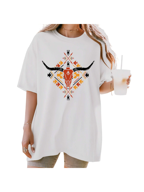 Women's Aztec Tribal Geometric Arrow Longhorn Cow Skull Western Graphic Short Sleeve T-shirt Relaxed Fit