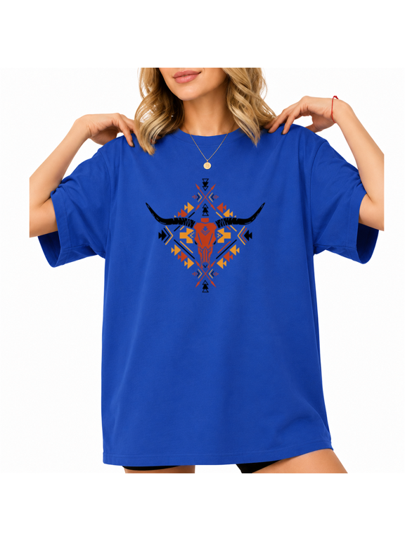 Women's Aztec Tribal Geometric Arrow Longhorn Cow Skull Western Graphic Short Sleeve T-shirt Relaxed Fit