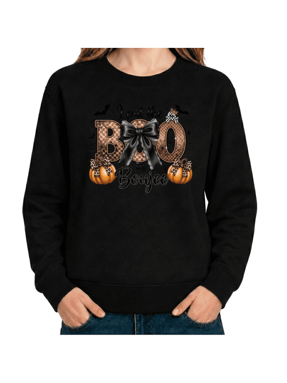 Women's BOO Boujee Leopard Bow Graphic Sweatshirt Playful Halloween Autumn Statement Crewneck Pullover