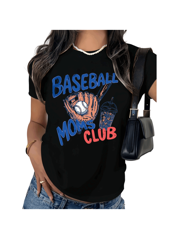 Women's Baseball Moms Club Graphic T-Shirt Iced Coffee Tee Team Mom Summer White Top