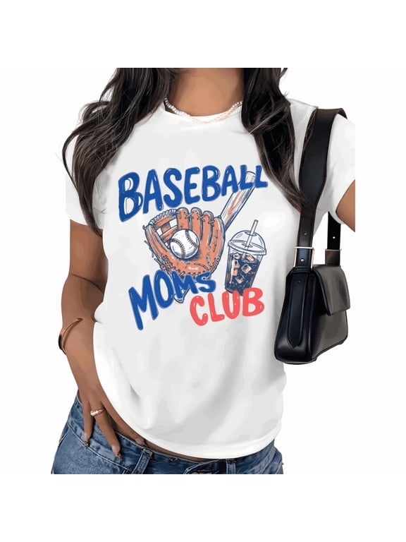 Women's Baseball Moms Club Graphic T-Shirt Iced Coffee Tee Team Mom Summer White Top