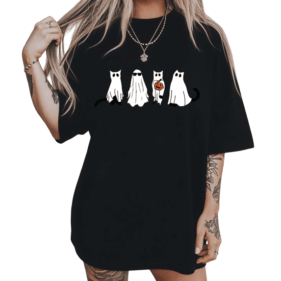 UNISHE Women's Basic Crewneck Graphic Tee - Halloween Cat Print Short Sleeve Shirt