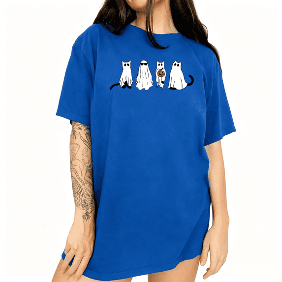 UNISHE Women's Basic Crewneck Graphic Tee - Halloween Cat Print Short Sleeve Shirt
