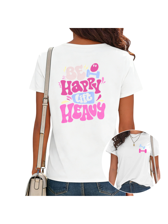 Women's Be Happy Lift Heavy Gym Fitness Dumbbell Groovy Retro Graphic Tops Short Sleeve T-Shirt Funny