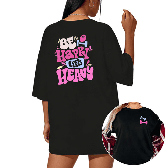 UNISHE Women's Be Happy Lift Heavy Gym Workout Graphic Short Sleeve T-Shirt Fashion Crewneck Top