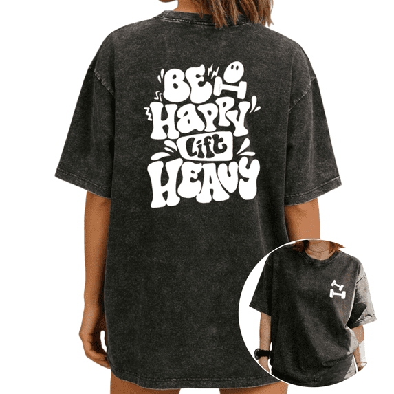 UNISHE Women's "Be Happy Lift Heavy" Print Vintage Washed T-Shirt Short Sleeve Relaxed Fit Tee