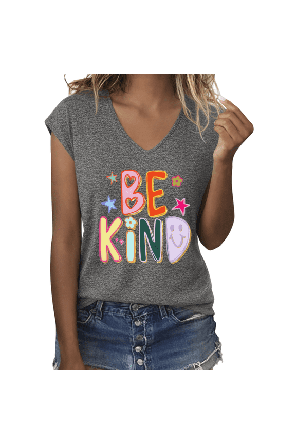 Women's Be Kind Colorful Smiley Star Flower Retro Letter Graphic V-Neck Casual T-Shirt Top