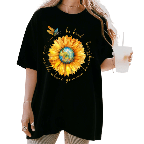 UNISHE Women's "Be Kind" Sunflower Earth Dragonfly Graphic Short Sleeve T-Shirt Casual Cotton Crewneck Top