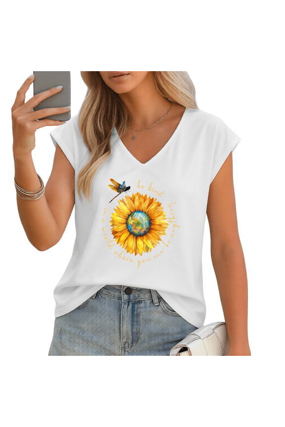 Women's Be Kind Sunflower Earth Dragonfly V-Neck Sleeveless T-Shirt Casual Summer Tank Top