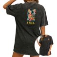 thumbnail image 1 of UNISHE Women's Be Still Graphic Vintage Washed T-Shirt Short Sleeve Oversized Two-Sided Floral Faith Tee, 1 of 6