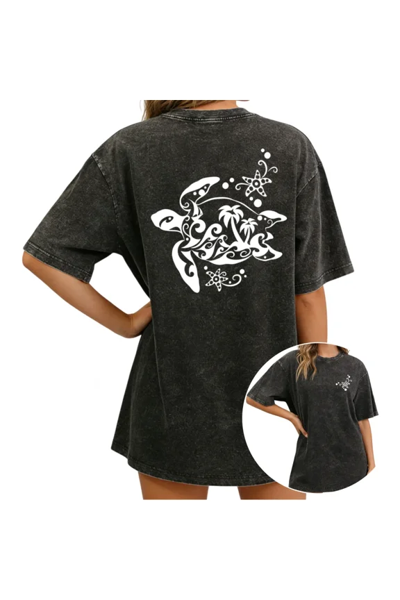 Women's Beach Aesthetic Vintage Wash T-Shirt Short Sleeve Minimalist Tribal Turtle Palm Tree Graphic Loose Fit Summer Top