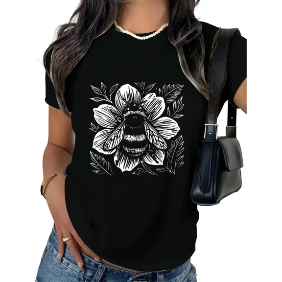 UNISHE Women's Bee Flower Line Art Graphic Short Sleeve T - Shirt Vintage Cotton Crewneck Top