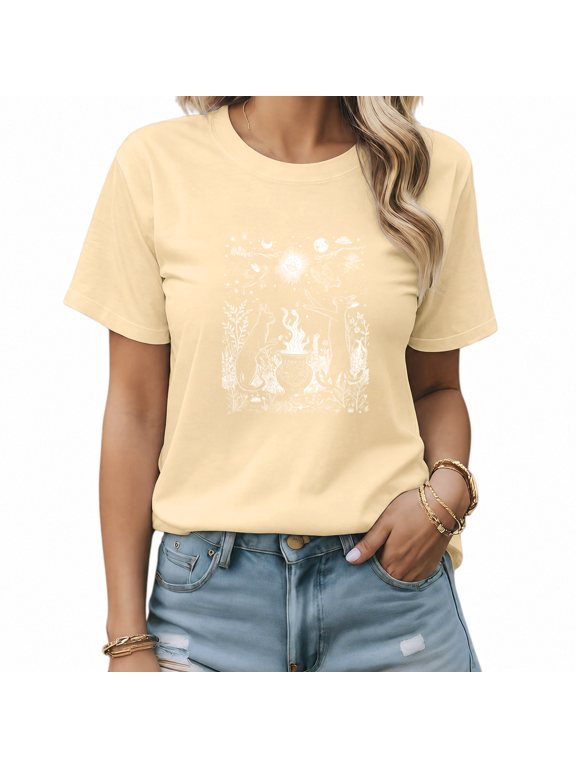 Women's Beige Mystical Cat Wolf Graphic Short Sleeve T-Shirt Cotton Crewneck Top