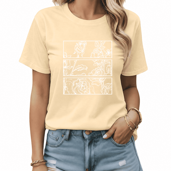 UNISHE Women's Beige Rose Line Art Graphic Short Sleeve T-Shirt Summer Daily Top