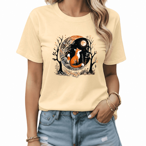 UNISHE Women's Beige Woodland Fox Graphic Short Sleeve T-Shirt Cotton Crewneck Top