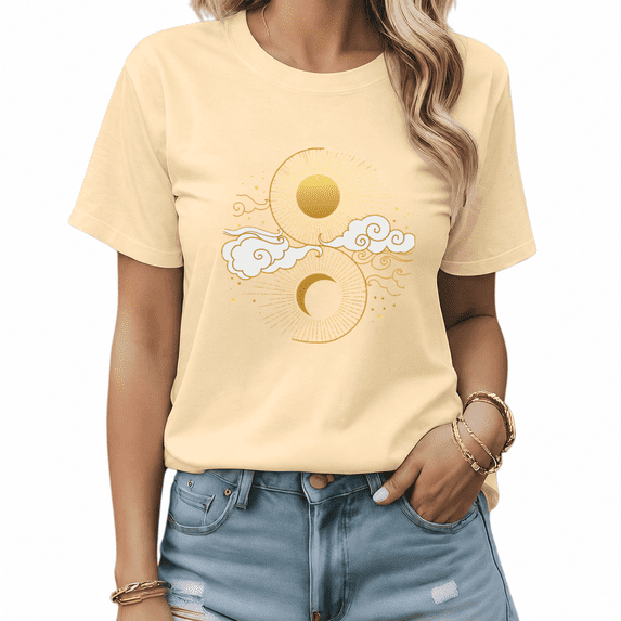UNISHE Women's Beige Yin Yang Sun Moon Graphic Short Sleeve T-Shirt Cotton Crewneck Top