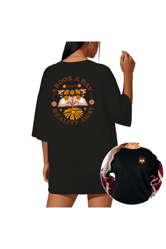 Women's Black A Book A Day Keeps Reality Away Daisy Scroll Star Back Print Graphic S-5XL Short Sleeve T-Shirt Cozy Top