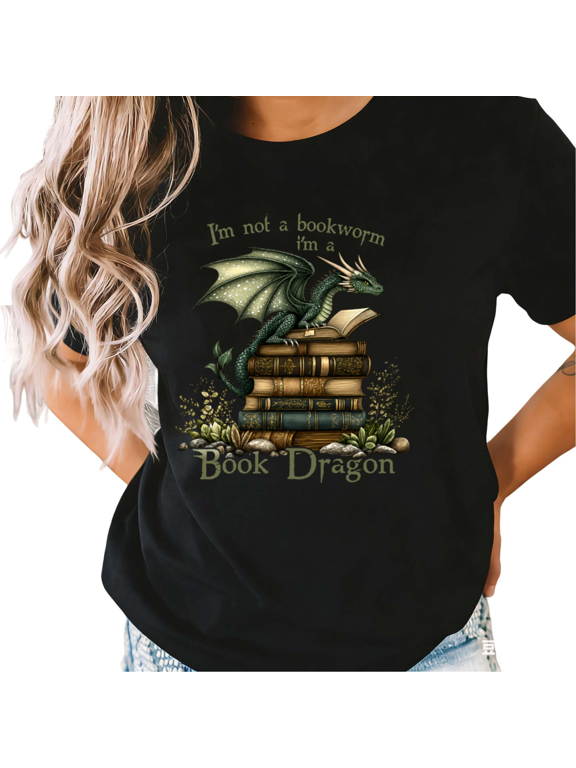 Women's Black Book Dragon Green Dragon Stack Book Floral Stone Graphic Short Sleeve T-Shirt S-5XL Daily Top