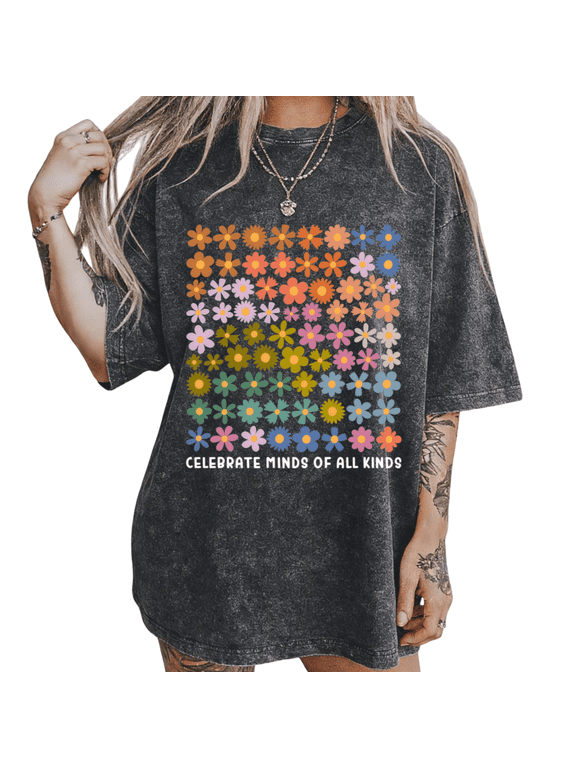 Women's Black Colorful Daisy Grid Vintage Washed T-Shirt Short Sleeve Summer Casual Top
