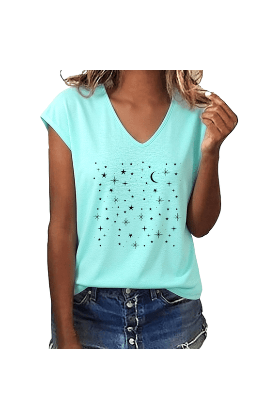 Women's Black Crescent Moon Starry Night Minimal Celestial Graphic V-Neck Casual T-Shirt Top