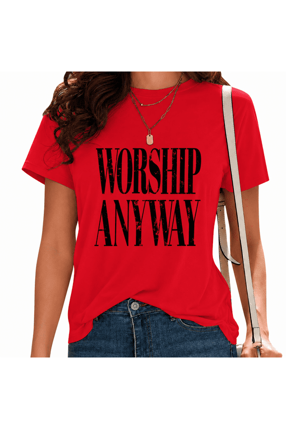 Women's Black Distressed Worn Tall Serif Block Worship Faith Inspirational Text Graphic Short Sleeve T-Shirt Tees Tops