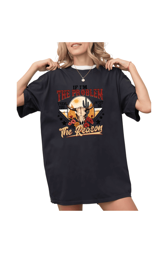 Women's Black If I'm The Problem Desert Cactus Sunset Floral Longhorn Skull Graphic S-5XL Short Sleeve T-Shirt Cozy Top