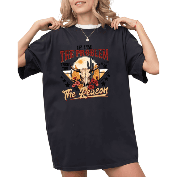 UNISHE Women's Black If I'm The Problem Desert Cactus Sunset Floral Longhorn Skull Graphic S-5XL Short Sleeve T-Shirt Cozy Top