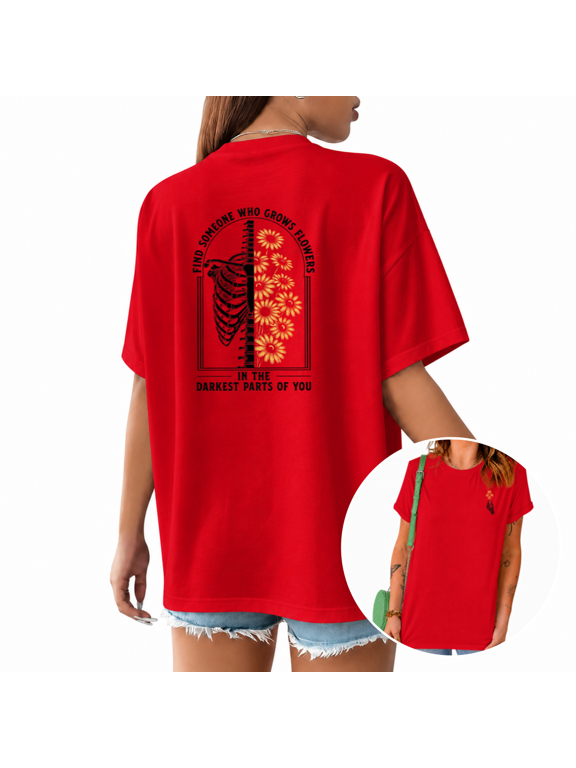 Women's Black Line Two Tone Rib Skeleton Sunflower Front Back Dual Inspirational Floral Quote Graphic Short Sleeve T-Shirts Red Tops