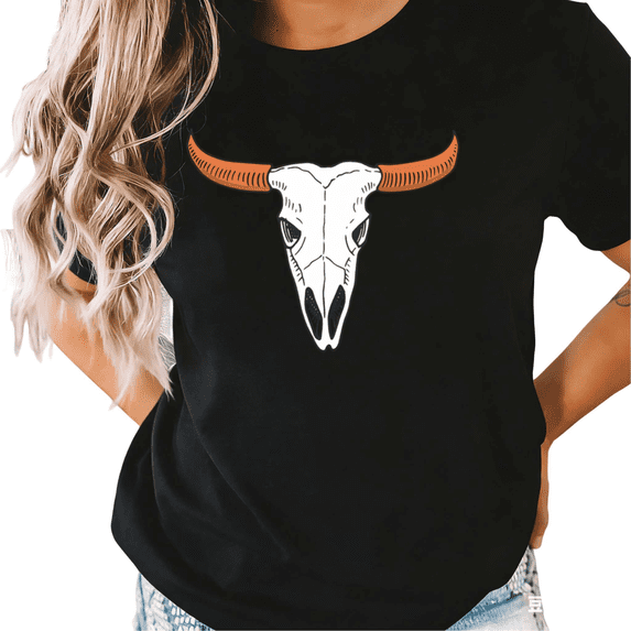 UNISHE Women's Black Minimal Hand Drawn Longhorn Skull Western Graphic Short Sleeve T-Shirt S-5XL Daily Top