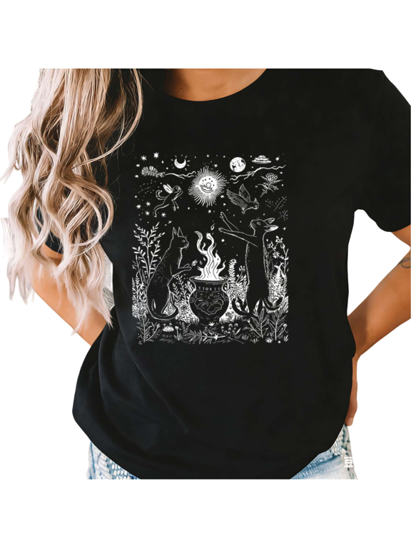 Women's Black Mystical Cat Wolf Graphic Short Sleeve T-Shirt Cotton Crewneck Top