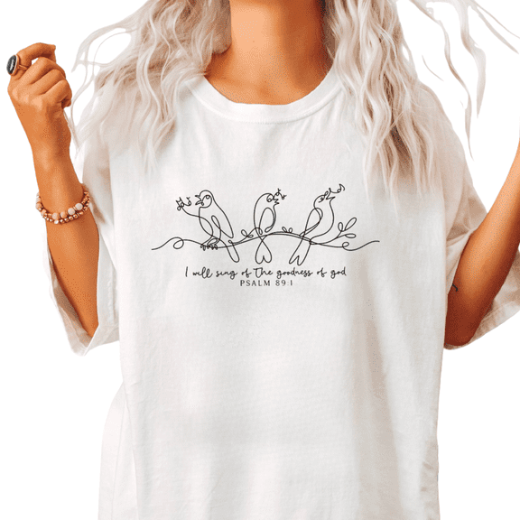 UNISHE Women's Black One Line Bird Branch Psalm 89 1 Sing Goodness God Faith Graphic Short Sleeve Crewneck White Tops