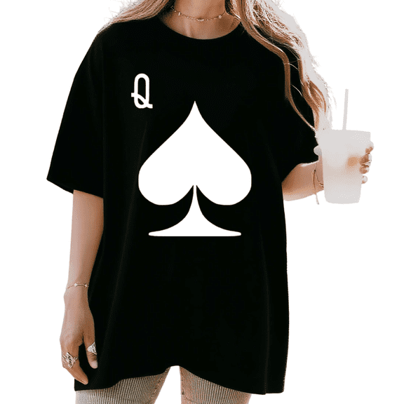 UNISHE Women's Black Queen of Spades Card Graphic Short Sleeve T-Shirt Casual Cotton Crewneck Top