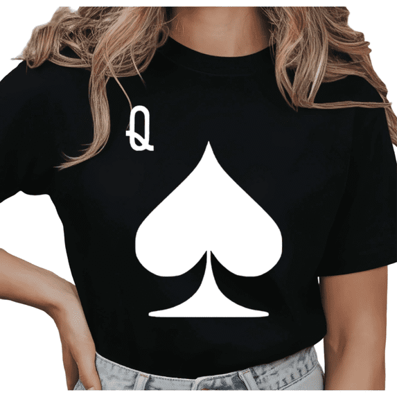 UNISHE Women's Black Queen of Spades Card Graphic Short Sleeve T-Shirt Casual Cotton Crewneck Top