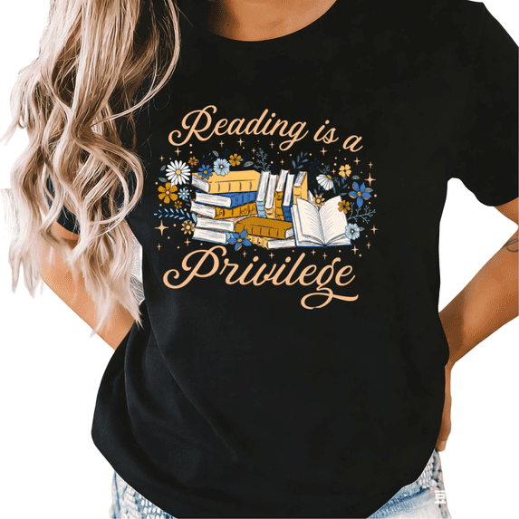 UNISHE Women's Black Reading Is A Privilege Daisy Floral Stack Book Star Graphic Short Sleeve T-Shirt S-5XL Daily Top