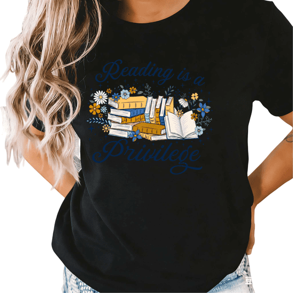 UNISHE Women's Black Reading Is A Privilege Floral Stack Book Star Graphic Short Sleeve T-Shirt S-5XL Daily Top