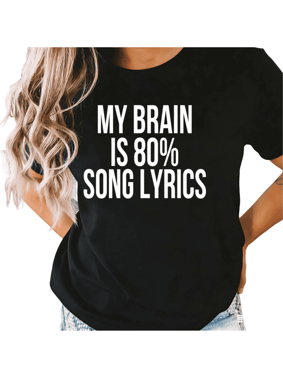 Women's Black Song Lyrics Graphic Short Sleeve T-Shirt Oversized Fit Top