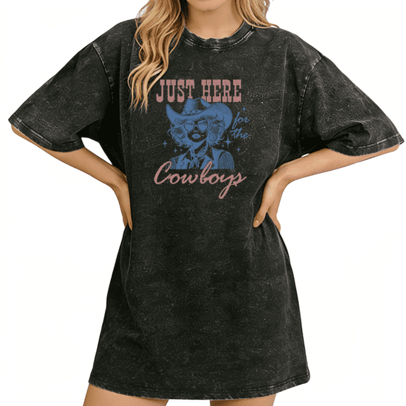 UNISHE Women's Black Vintage Washed T-Shirt Just Here For The Cowboys Quote Print Short Sleeve S-2XL Casual Western Tops