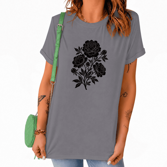 UNISHE Women's Black & White Peony Line Art T-Shirt - Minimalist Floral Graphic Short Sleeve Tee