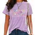 thumbnail image 1 of UNISHE Women's Bloom A Little Differently Print Tops Mental Health Floral Graphic Tees Casual Acid Wash Vintage T Shirts Purple, 2XL, 1 of 6
