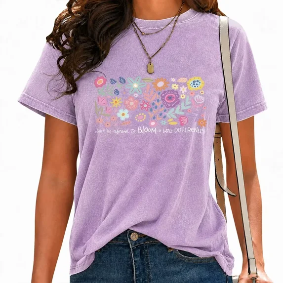 UNISHE Women's Bloom A Little Differently Print Tops Mental Health Floral Graphic Tees Casual Acid Wash Vintage T Shirts Purple, 2XL