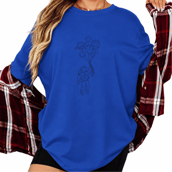 UNISHE Women's Blue Astronaut Planet Balloon Graphic Short Sleeve T-Shirt Relaxed Fit Top