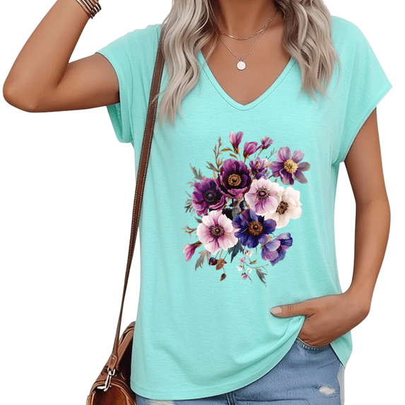 UNISHE Women's Blue Floral Print V-Neck Short Sleeve T-Shirt Soft Cotton Casual S-5XL
