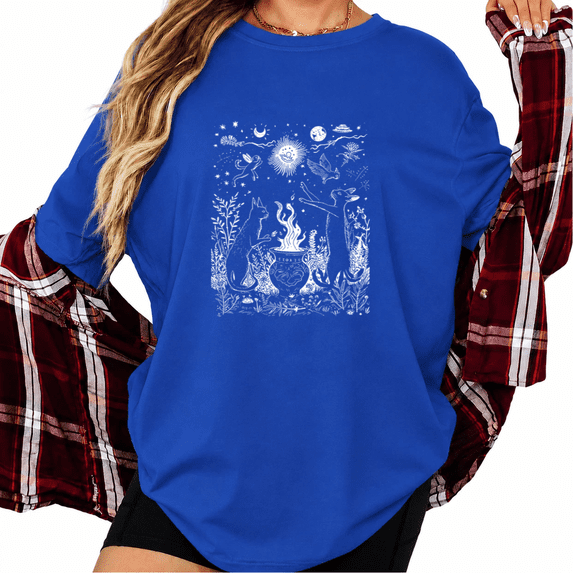 UNISHE Women's Blue Mystical Cat Wolf Graphic Short Sleeve T-Shirt Relaxed Fit Top