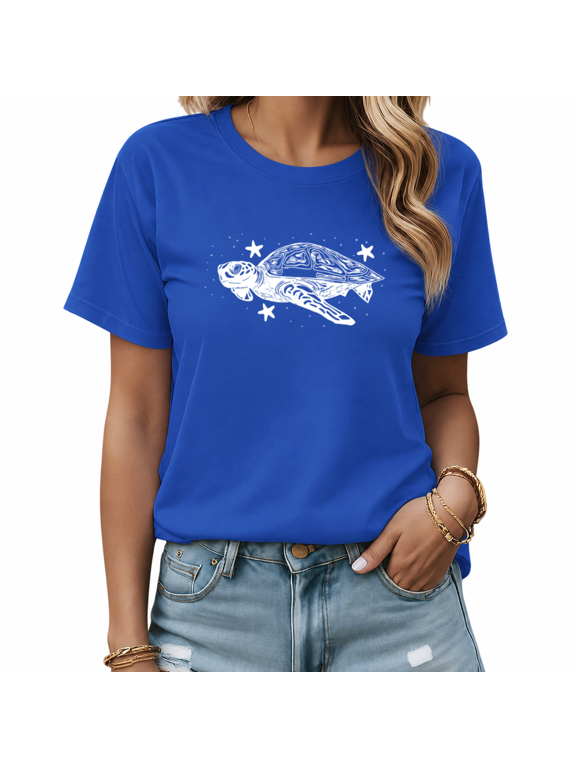 Women's Blue Starry Sea Turtle Graphic Short Sleeve T-Shirt Loose Fit Top
