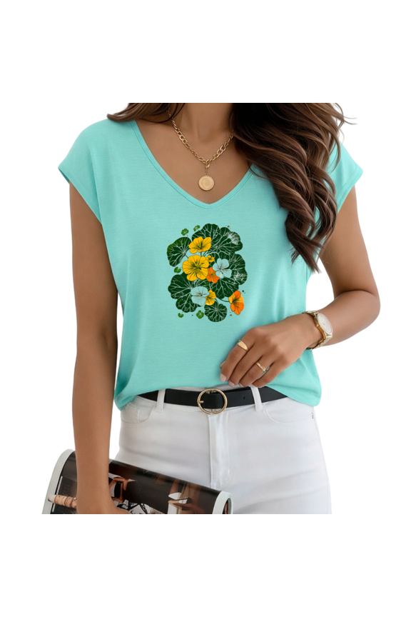 Women's Blue Watercolor Nasturtium Flower Art V-Neck Sleeveless T-Shirt Light Outdoor Vacation S-5XL Tank Top